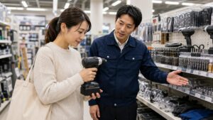ホームセンターで店員に相談しながら電動ドライバーを確認する日本人女性