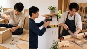 家具組み立てや棚取り付けなど作業目的別に工具を使い分けるDIYシーン