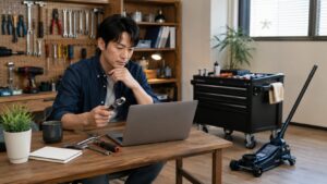 工具の通販購入前にパソコンで在庫や送料を確認する日本人男性