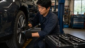 トルクレンチを使って車のホイールを整備する日本人整備士