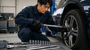 トルクレンチで車のホイールを締め付ける日本人整備士