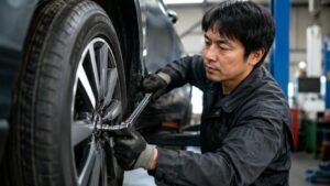 車のホイールナットをレンチで締め付ける日本人整備士