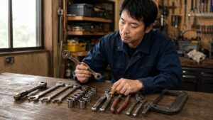 中古工具を購入前にスパナやソケットなどの手工具のサビや摩耗を確認する日本人男性