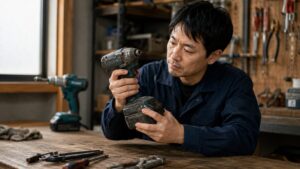 中古の電動工具を購入前にバッテリーや本体の劣化状態を慎重に確認する日本人男性