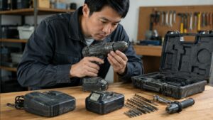 中古の電動ドリルを日本人男性がバッテリーや付属品と一緒に状態確認している様子