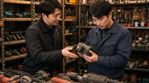 中古工具ショップでスタッフに相談しながら電動工具の状態を確認する日本人男性