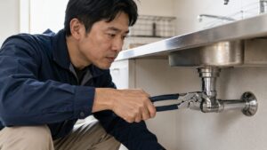 キッチン下の配管作業でウォーターポンププライヤーを使う日本人男性のイメージ