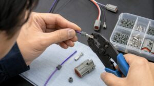 防水090端子のワイヤーシールと圧着工具を使った配線作業