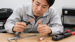 太線用圧着工具と複数の電線サイズを確認する日本人作業者の作業風景