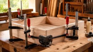 木箱の組み立てでF型クランプとコーナークランプを使い直角に固定する木工DIY作業