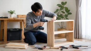 日本人男性が電動ドライバーで木製棚を組み立てるDIY作業の様子
