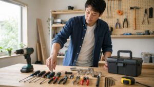 日本人男性が自宅の作業場で手頃な工具を選んでいる様子