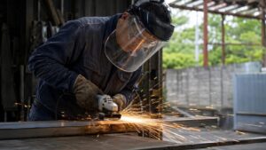 グラインダー切断時にゴーグルとフェイスシールドで火花から目と顔を守る作業者