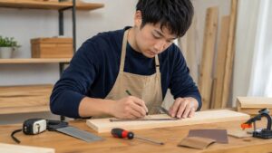 木材に印を付けながらDIY工具の使い方を覚える日本人男性