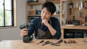 DIY初心者が作業台で充電ドリルと手工具を比較して選ぶ様子
