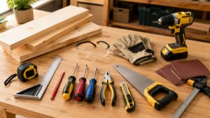 DIY初心者におすすめの基本工具を作業台に並べた工具セット
