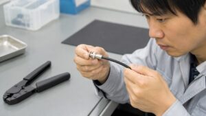 圧着後のBNCコネクターを手に持ち、接続状態や仕上がりを目視で点検する日本人技術者