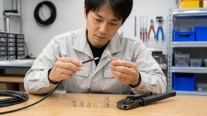 BNC圧着作業の前に、同軸ケーブルとBNCコネクターの部品を手元で確認する日本人技術者の作業風景