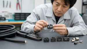 7C対応のBNC圧着作業に向けて、圧着工具本体と交換ダイス、同軸ケーブル部品を確認する日本人技術者