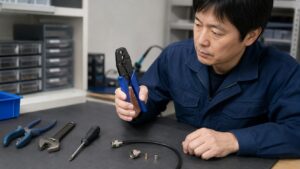 BNC用圧着工具を見分けるために、作業台で圧着工具本体を手に取り確認する日本人技術者