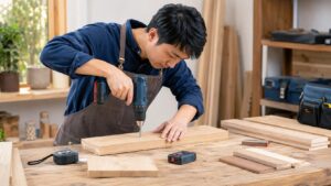 青系のコードレスドリルで木材を正確に加工する日本人男性と測定工具