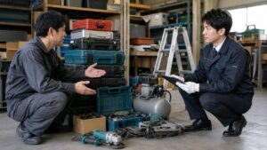 工具買取王国の出張買取で大量の工具を査定相談する日本人男性