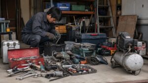 大量の工具や重い工具を出張買取に出すため作業場で整理する日本人男性