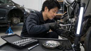 車やバイク好きへの工具ギフトに向くラチェットと作業ライトで整備する日本人男性