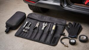 車載用の工具ロールケースと工具ライトの整理例