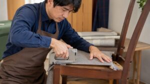 手動タッカーで椅子の座面生地を木枠に固定する日本人男性