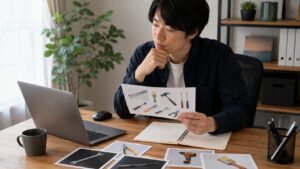 工具画像の利用条件を確認する日本人男性の作業風景