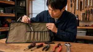 日本人男性が工具ロールケースのポケットサイズを確認している作業風景