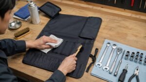工具ロールケースを布とブラシで手入れしている作業台の様子