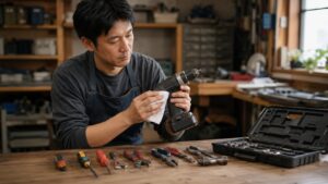 買取や譲渡の前に電動工具と手工具を清掃して状態を確認する日本人男性