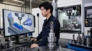 CNC加工機の前でCAM工具データと切削工具の干渉を確認する日本人技術者