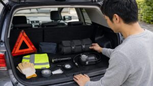 車載工具をトランクにコンパクトに整理する様子