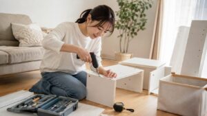 小型電動ドライバーで家具を組み立てる日本人女性と家庭用工具セット