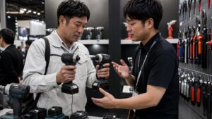 工具展示会で担当者の説明を受けながらインパクトドライバーを比較する様子