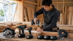 木工作業場で職人が充電工具とバッテリーを使い分ける様子