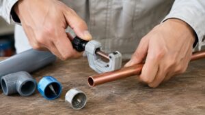 回転式パイプカッターで銅管を切断する作業