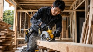 黄色系のコードレス丸ノコで木材を切断する日本人職人の作業風景