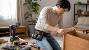 工具ポーチを腰に付けた日本人男性が、室内で木製家具を組み立てるDIY作業をしている様子