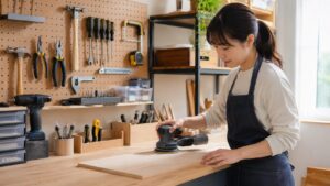 有孔ボードに整理した工具とサンダーで木材を磨く日本人女性