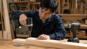ドリルドライバーで木材に下穴を開ける日本人男性と横に置いたインパクトドライバー