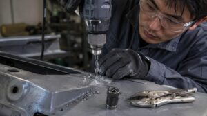 ドリルで外れないネジ頭を削り落とす日本人作業者