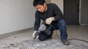 電動ハンマーとチゼルでコンクリート床をはつる作業