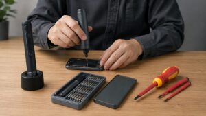 電動補助ドライバーと精密ドライバーを使った電子機器修理の作業台