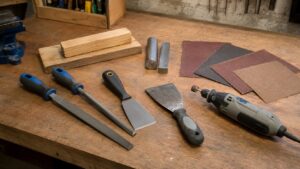 ヤスリやヘラ、紙ヤスリ、リューターを作業台に並べた削る工具の種類