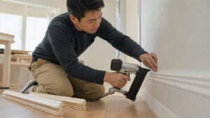 フィニッシュネイラで室内の巾木を取り付ける日本人作業者