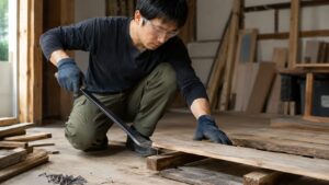 平バールで釘の打たれた木材を解体する日本人作業者
